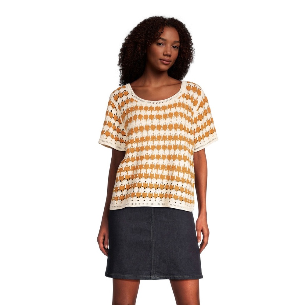 Cost Plus World Market Orange Ivory Stripe Crochet Knit Top Size Small